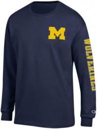 ミシガン ウルヴァリンズ チャンピオン チームスタック 両面 長袖Tシャツ (紺)/ Michigan Wolverines