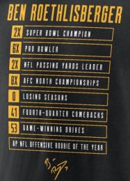 ベン・ロスリスバーガー ピッツバーグ スティーラーズ グッズ ファナティクス 引退記念 スタッツ両面Tシャツ(黒) / Ben Roethlisberger Pittsburgh Steelers